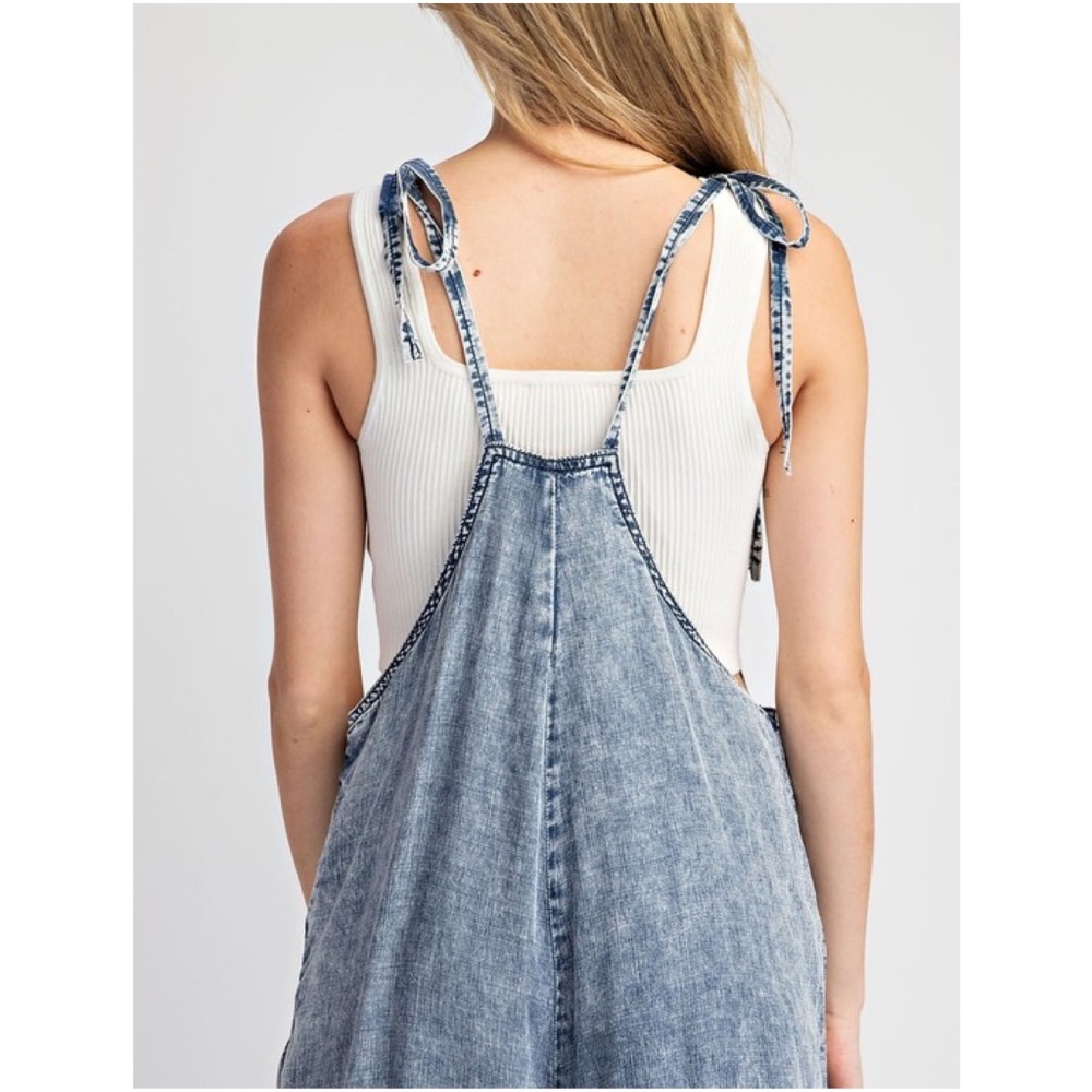 031 Boho Blue Mineral Washed Wide Leg Pockets Jumpsuit - Picture 5 of 10